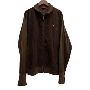 PUMA Brown Corduroy Track Jacket Men XXL Zip Up Ribbed Collar Logo VTG Y2K Retro